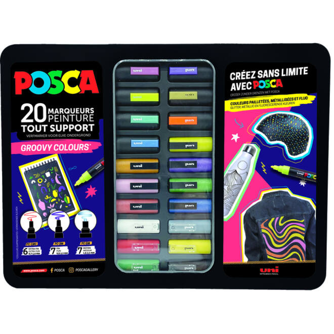 Verfstift Posca Groovy Colours assorti metalen koffer à 20 stuks