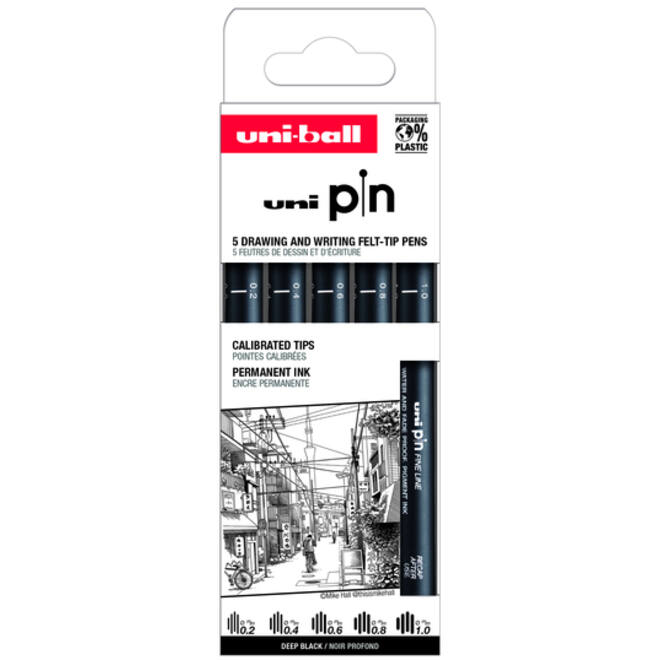 Fineliner Uni-ball Pin ASP009 set à 5 breedtes zwart