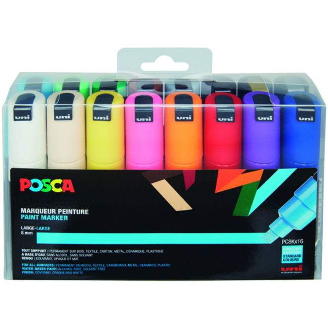 Verfstift Posca PC8K breed schuin assorti set à 16 stuks
