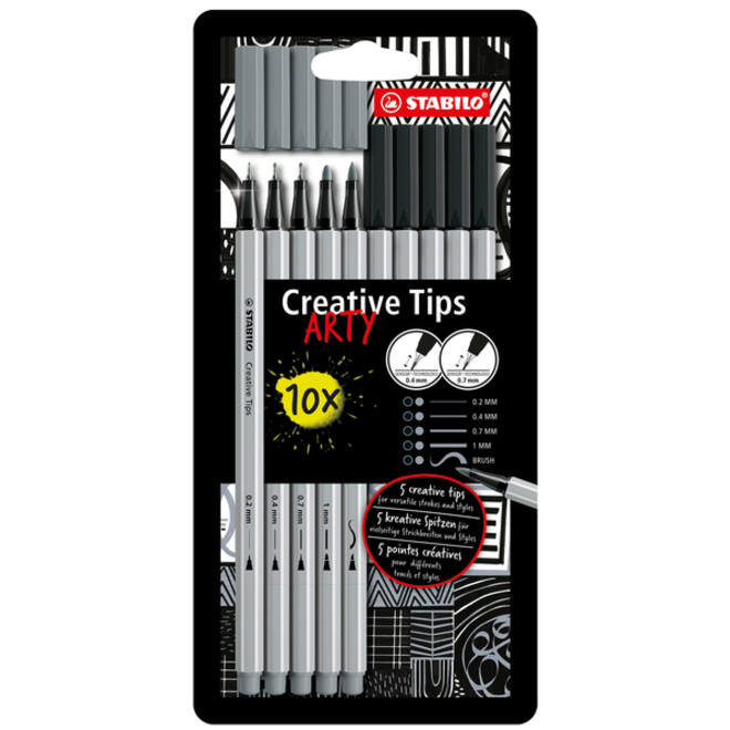 Creative Tips STABILO Arty assorti tips zwart en grijs blister à 10 stuks