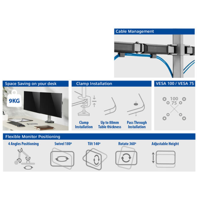 Monitorarm ACT office 2 schermen zilver