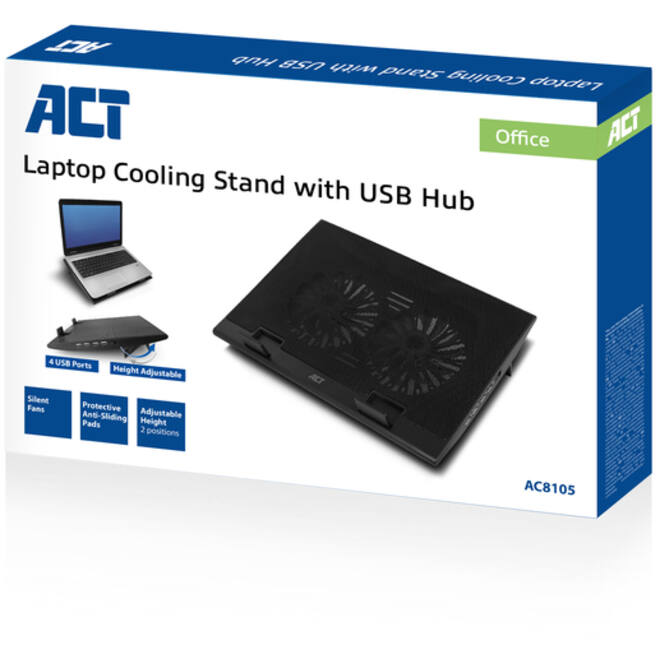 Laptopstandaard ACT 2 standen met ventilator 4-p hub