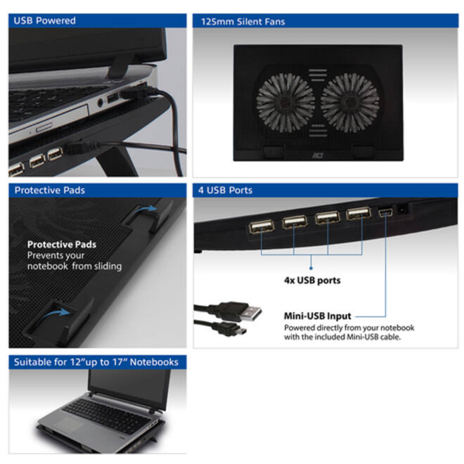 Laptopstandaard ACT 2 standen met ventilator 4-p hub