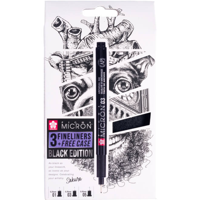 Fineliner Sakura Pigma Micron Black Edition set à 3 breedtes + gratis etui