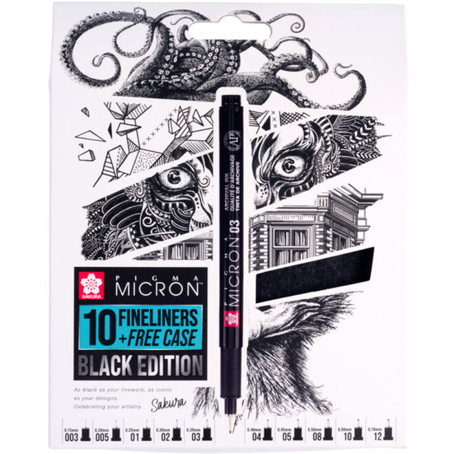 Fineliner Sakura Pigma Micron Black Edition set à 10 breedtes + gratis etui