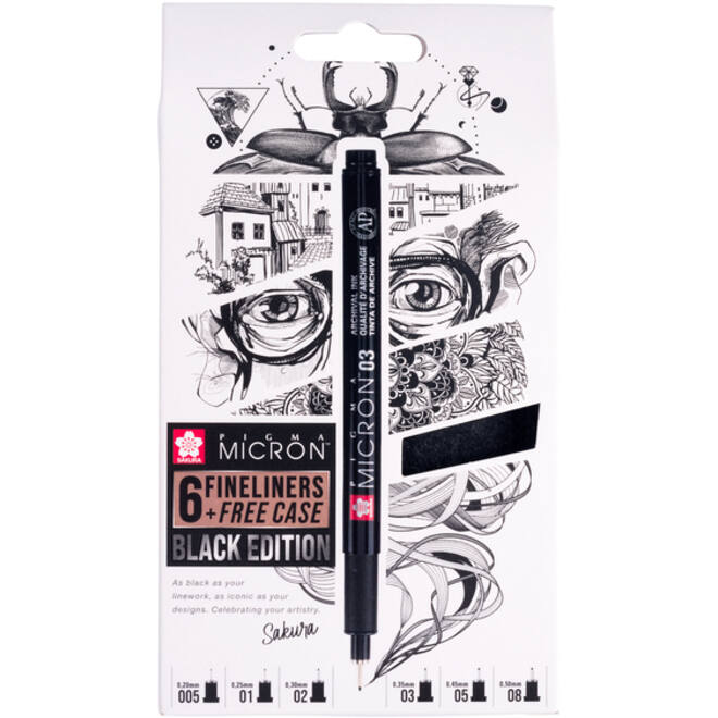 Fineliner Sakura Pigma Micron Black Edition set à 6 breedtes + gratis etui