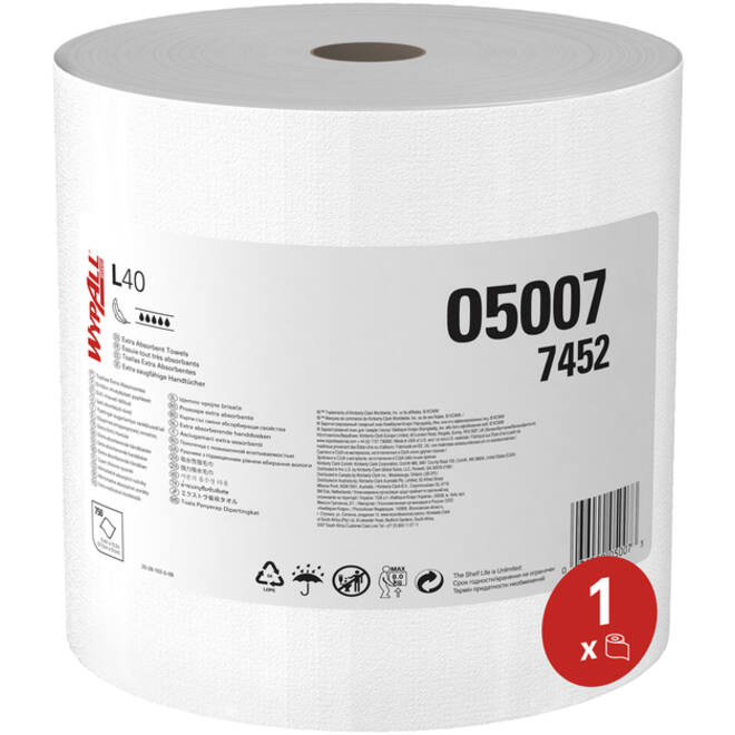 Poetsrol WypAll L40 PowerClean 1-laags 31,5cmx232m 750vel wit 7452
