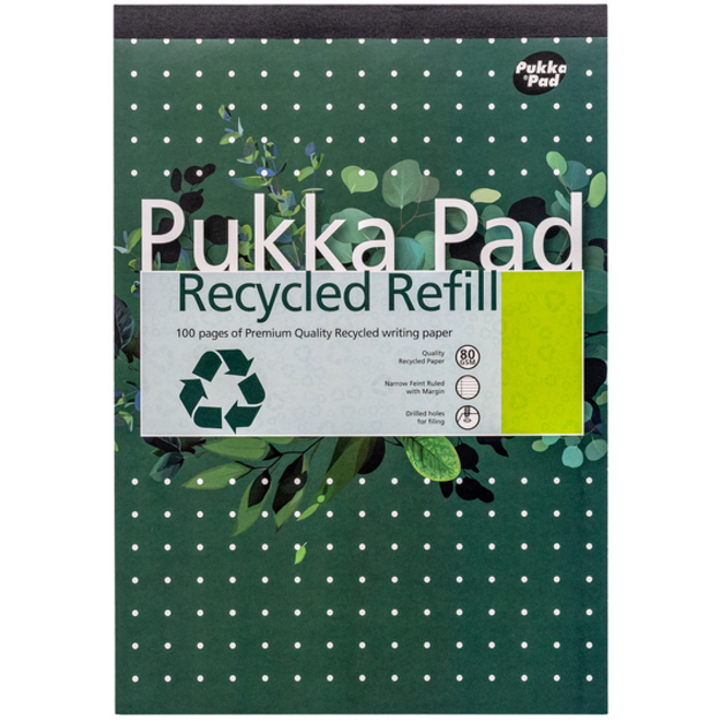 Schrijfblok Pukka Recycled A4 lijn 4-gaats 100 vel 80gr