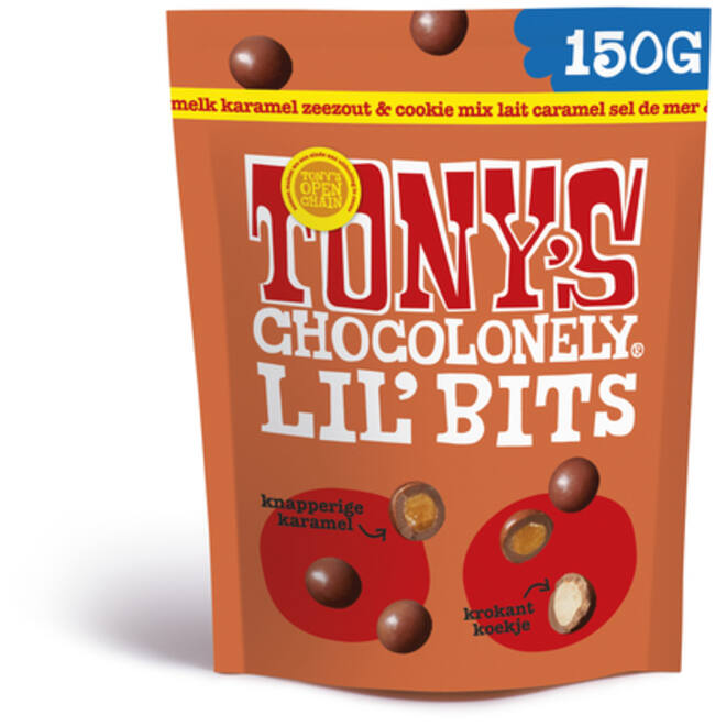 Chocolade Tony's Chocolonely Lil' Bits melk karamel zeezout & cookie 150 gram