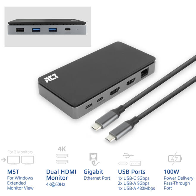 Dockingstation ACT USB-C 4K MST voor 2 HDMI monitoren