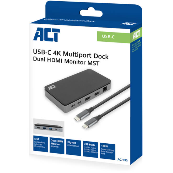 Dockingstation ACT USB-C 4K MST voor 2 HDMI monitoren