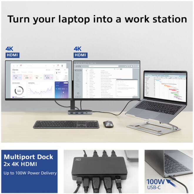 Dockingstation ACT USB-C 4K MST voor 2 HDMI monitoren