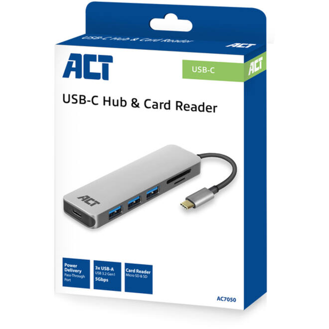 Hub ACT USB-C 3.0, 3x USB-A cardreader PD p-through