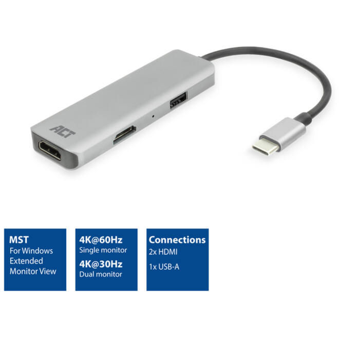 Adapter ACT USB-C 4K multiport voor 2 HDMI monitoren