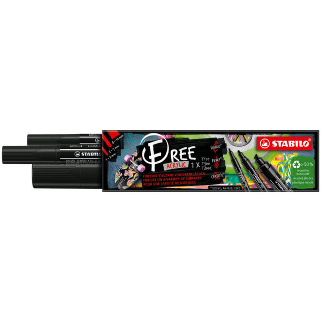 Acrylmarker STABILO Free Acrylic Mixed Tip set à 3 breedtes zwart
