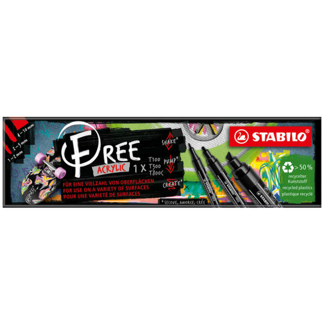 Acrylmarker STABILO Free Acrylic Mixed Tip set à 3 breedtes zwart