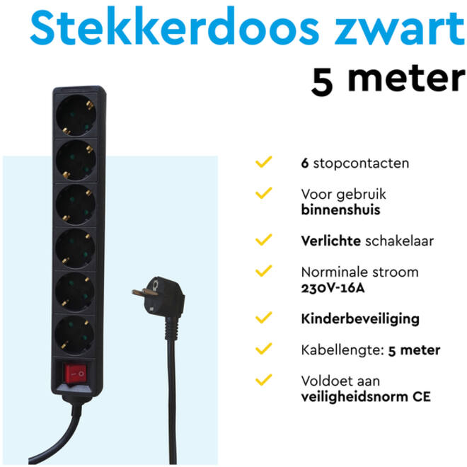 Stekkerdoos BRASQ 6 voudig 5 meter zwart