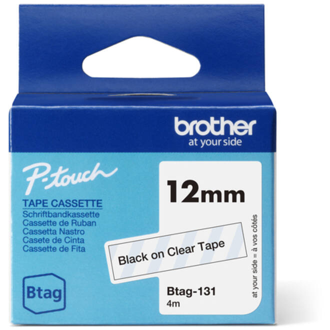 Labeltape Brother P-touch Btag-131 standaard 12mm zwart op transparant