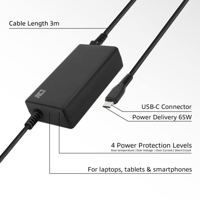 Laptop Oplader ACT USB-C Power Delivery 65W 3mtr