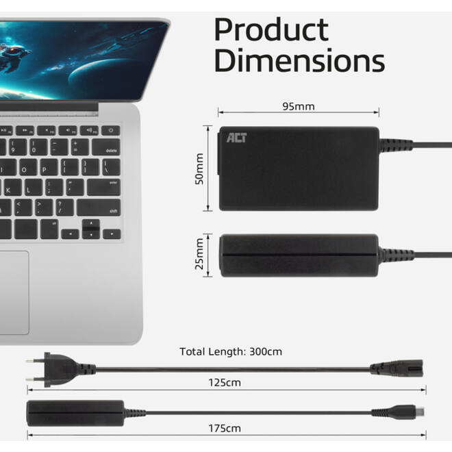 Laptop Oplader ACT USB-C Power Delivery 65W 3mtr