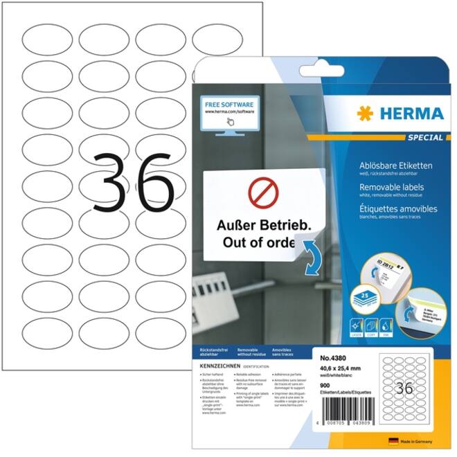 Etiket HERMA 4380 ovaal 40.6x25.4mm wit 900 etiketten