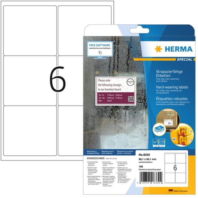 Etiket HERMA 8332 99.1x93.1mm weerbestendig wit 150 etiketten