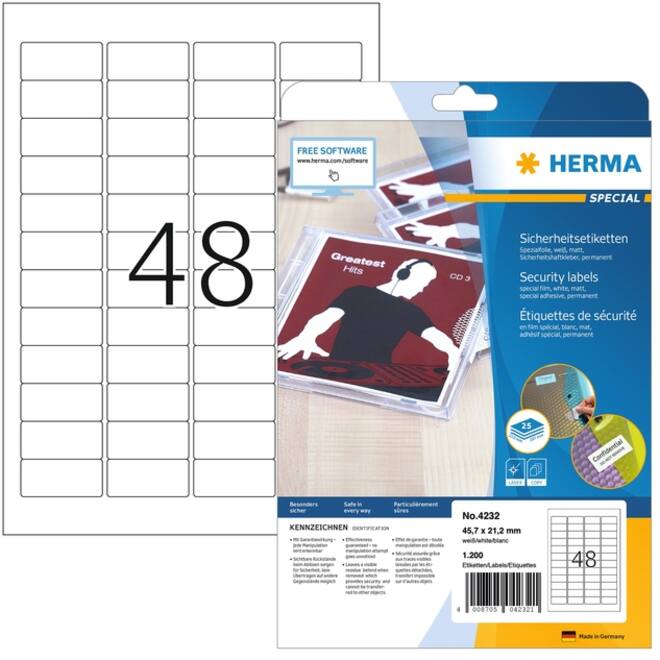 Veiligheidsetiket HERMA 4232 45.7x32.2mm wit 1200 etiketten