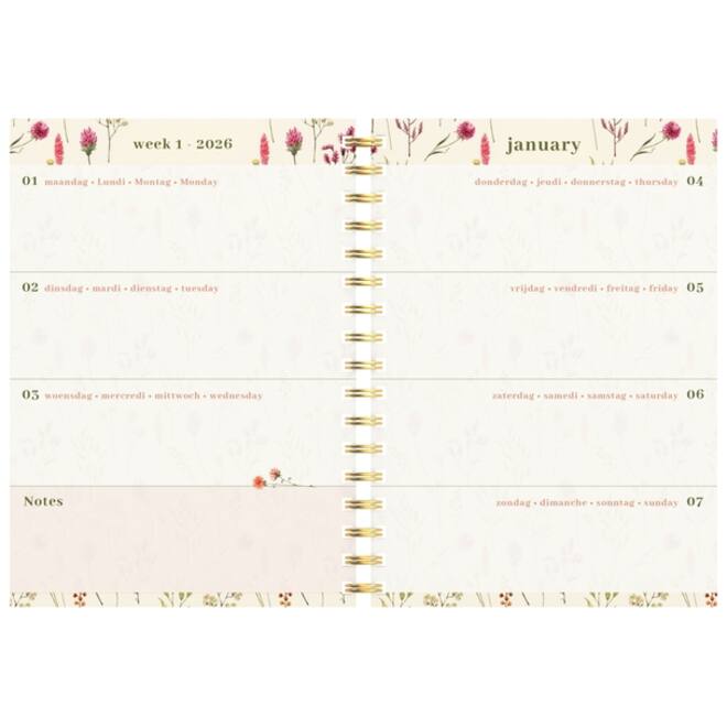 Agenda 2026 Lannoo 120x160 Flowers bouquet 7dagen/2pagina's roze