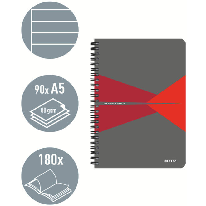 Notitieboek Leitz Office A5 lijn 180 pagina's 80gr grijs rood