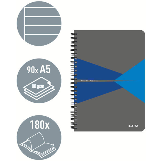 Notitieboek Leitz Office A5 lijn 180 pagina's 80gr grijs blauw