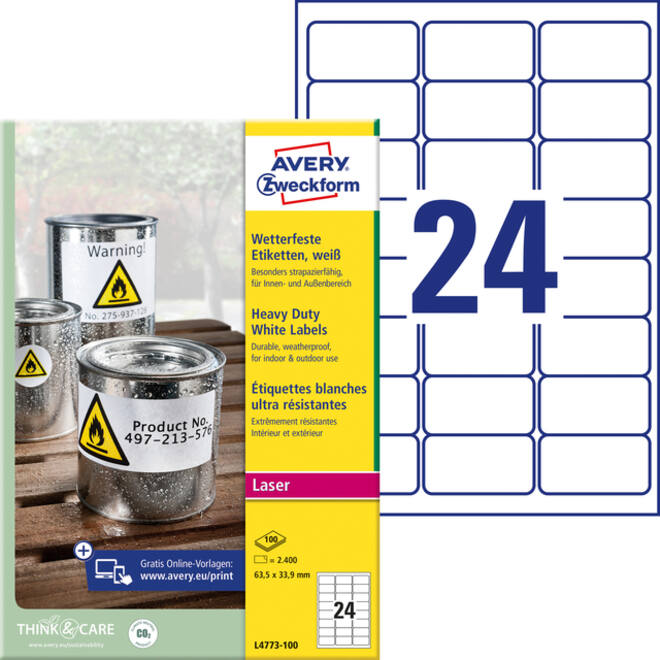 Etiket Avery Zweckform L4773-100 63.5x33.9 2400 etiketten