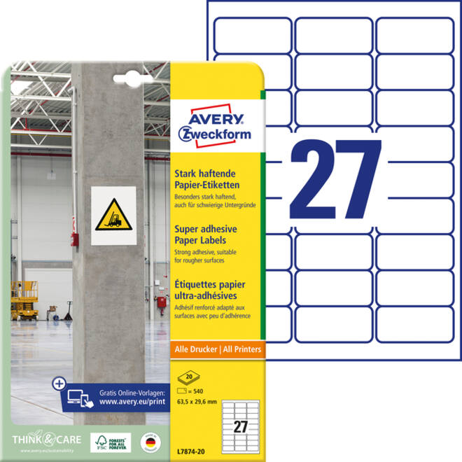 Etiket Avery Zweckform L7874-20 63.5x29.6mm 540 etiketten