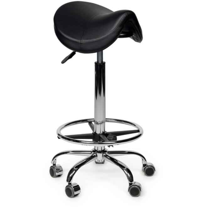 Zadelkruk Office Premium hoog met voetring harde wielen zw