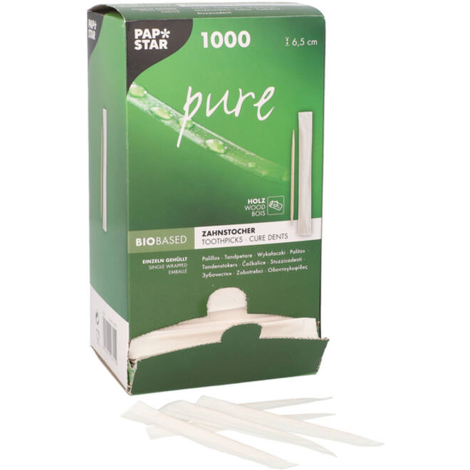 Tandenstoker Papstar Pure per stuk verpakt dispenser à 1000 stuks hout