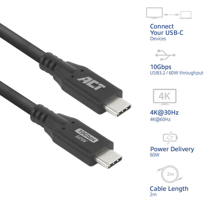 Kabel ACT USB-C 3.2 GEN.2 M/M zwart 2 meter