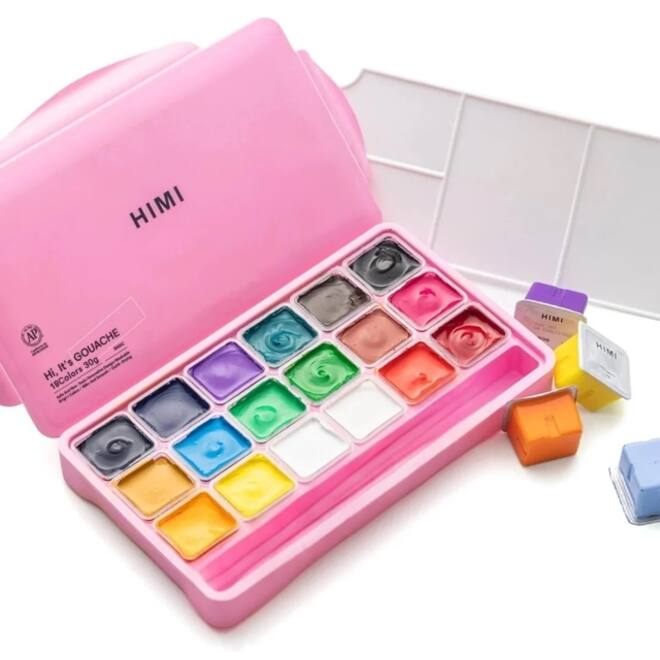 Gouache HIMI 18 kleuren 30gr opbergbox roze