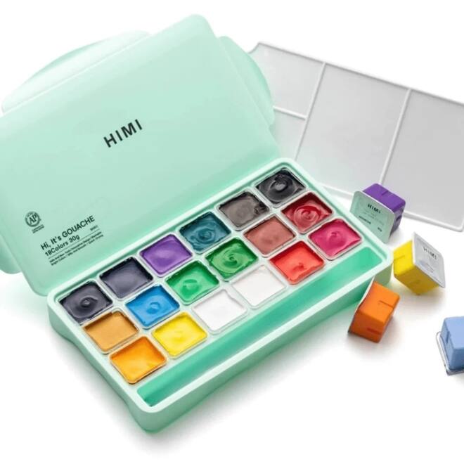 Gouache HIMI 18 kleuren 30gr opbergbox groen