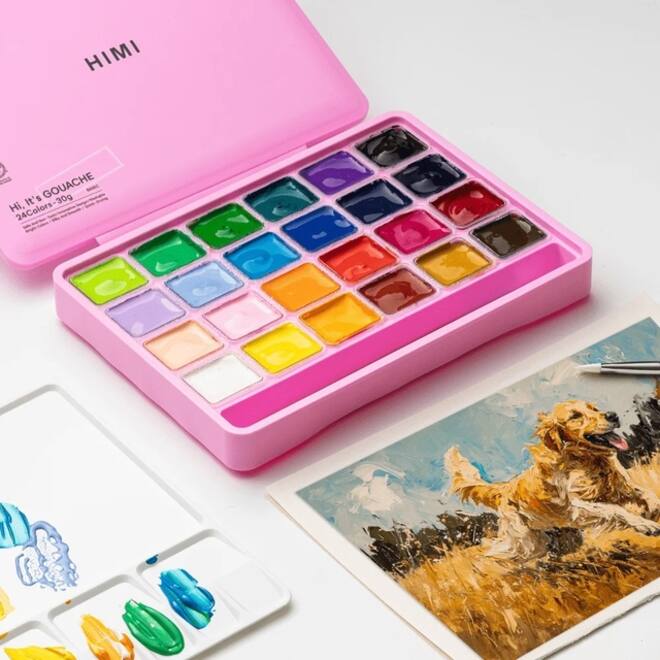 Gouache HIMI 24 kleuren 30gr opbergbox roze