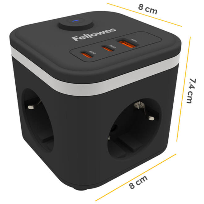Stekkerblok Fellowes Power Cube F 3vdg 1xUSB A 2xUSB C 2 meter zwart