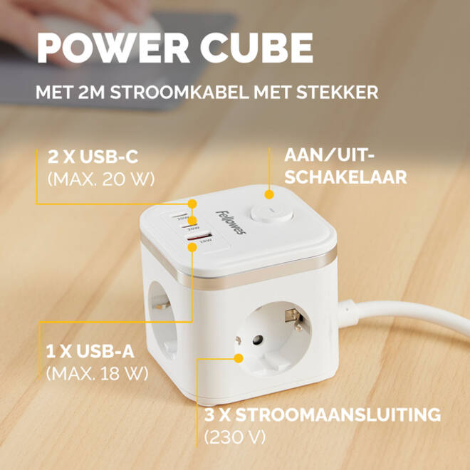 Stekkerblok Fellowes Power Cube F 3 voudig 1xUSB A 2xUSB C 2 meter wit