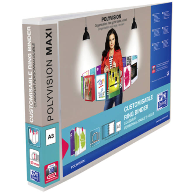 Presentatieringband Oxford Polyvision Maxi A3 dwars 4-rings D-mech 30mm transparant