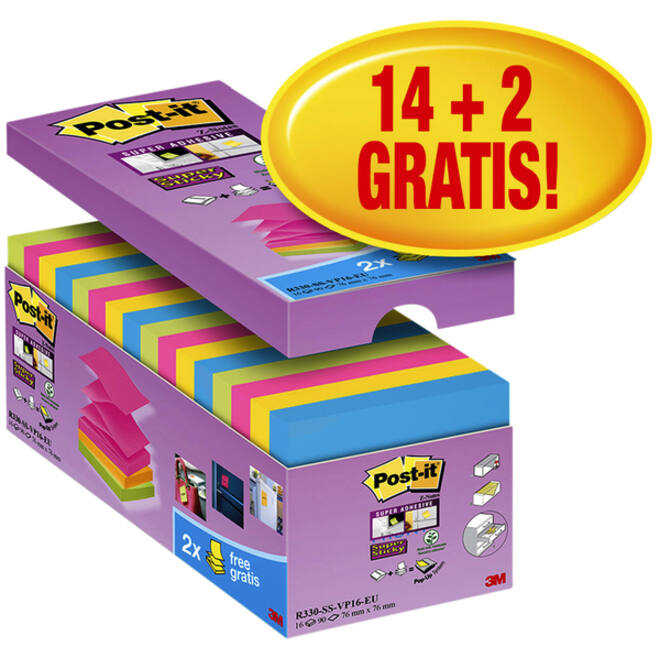 Memoblok Post-it Z-Note S330 Super Sticky 76x76mm 14+ 2 assorti