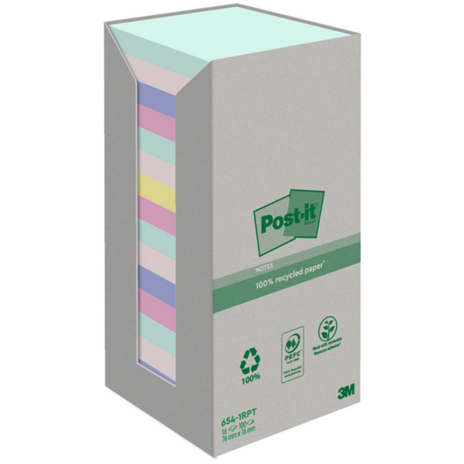 Memoblok Post-it 654-RTP 76x76mm recycled rainbow pastel