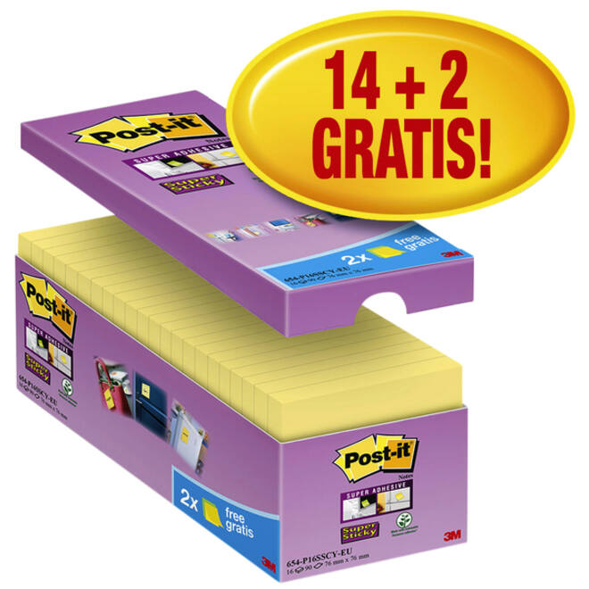 Memoblok Post-it 654 Super Sticky 76x76mm geel 14+2 gratis