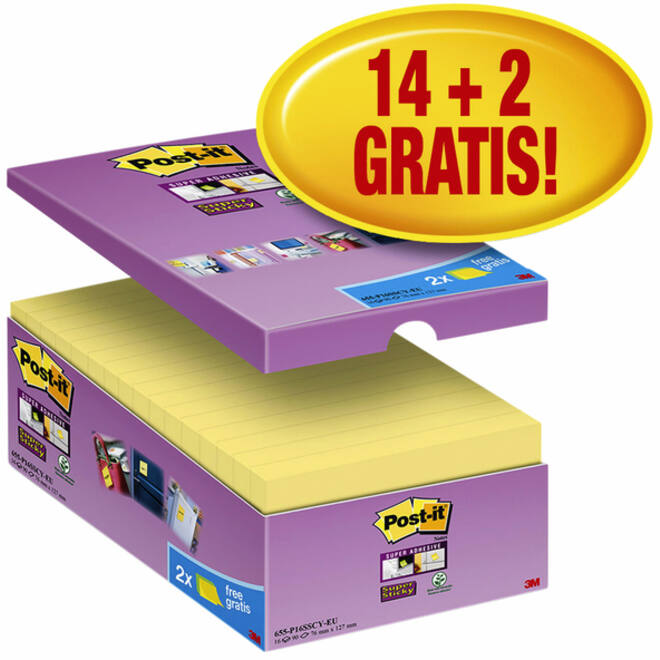 Memoblok Post-it 655 Super Sticky 76x127mm geel 14+2 gratis