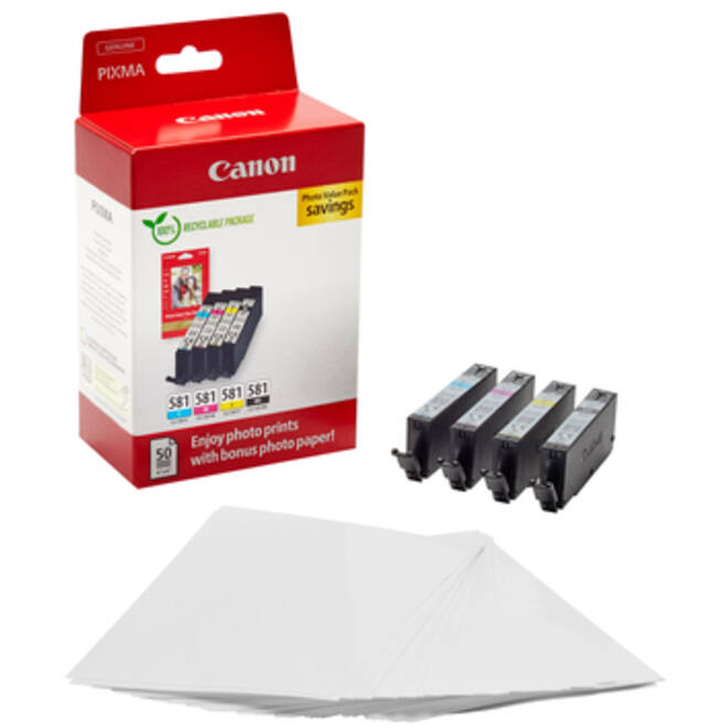 Inktcartridge Canon CLI-581 4 kleuren + 50vel fotopap 10x15cm
