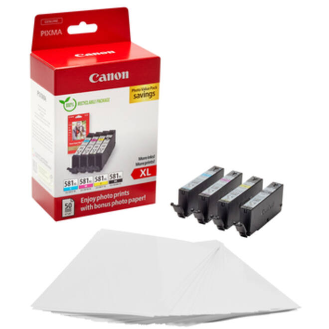 Inktcartridge Canon CLI-581XL 4 kleuren +50 vel fotopapier 10x15cm