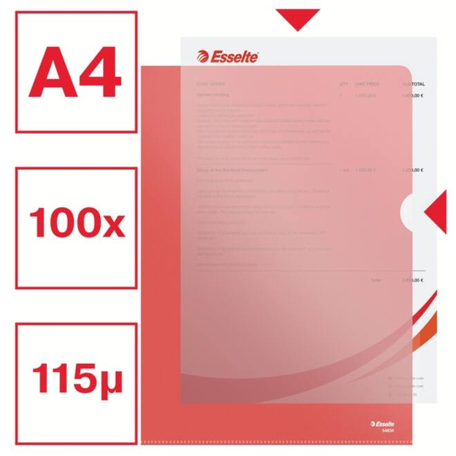 Insteekmap L-model Esselte standaard A4 0.11mm PP rood 100 stuks