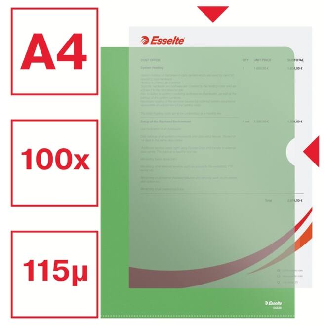 Insteekmap L-model Esselte standaard A4 0.11mm PP groen 100 stuks