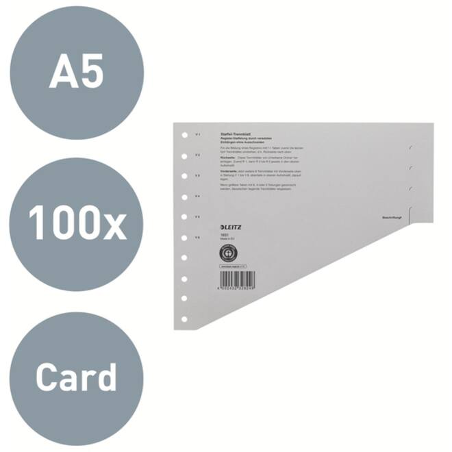 Scheidingsbladen Leitz A4 karton 200gr 11-gaats grijs